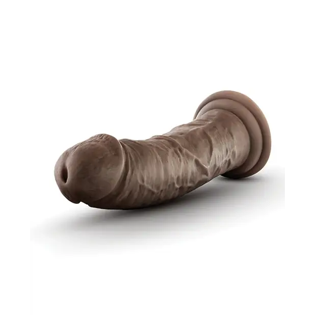 Skin Glide self-lubricating dildo with suction cup, chocolate covered on white background