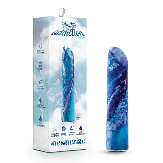 Blue and purple marbled mesmerize power vibe with packaging displaying features