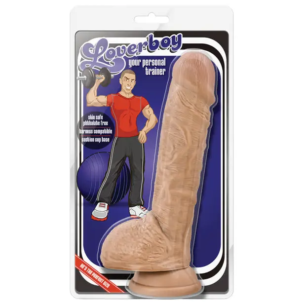 Tan personal trainer realistic dildo with suction cup in packaging