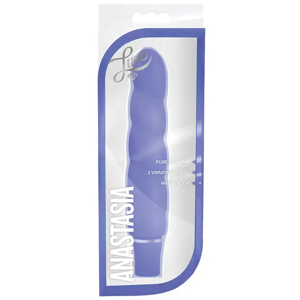 Blush Luxe Anastasia Smooth Periwinkle Silicone Slimline Vibrator on White Background