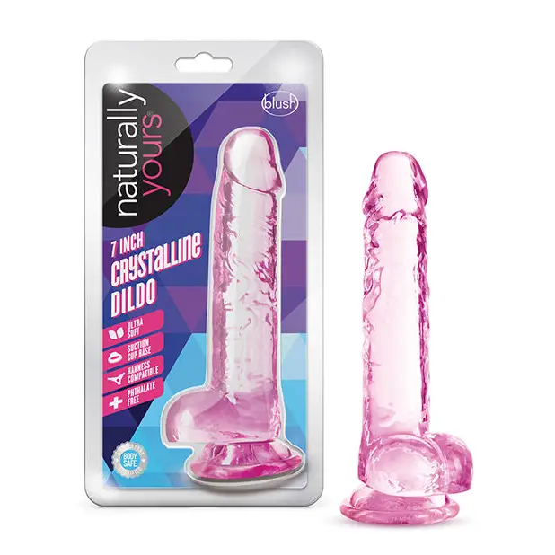 Blush Naturally Yours Crystalline 7 in. Dildo with Balls & Suction Cup Diamond - Pink - Realistic Dildo