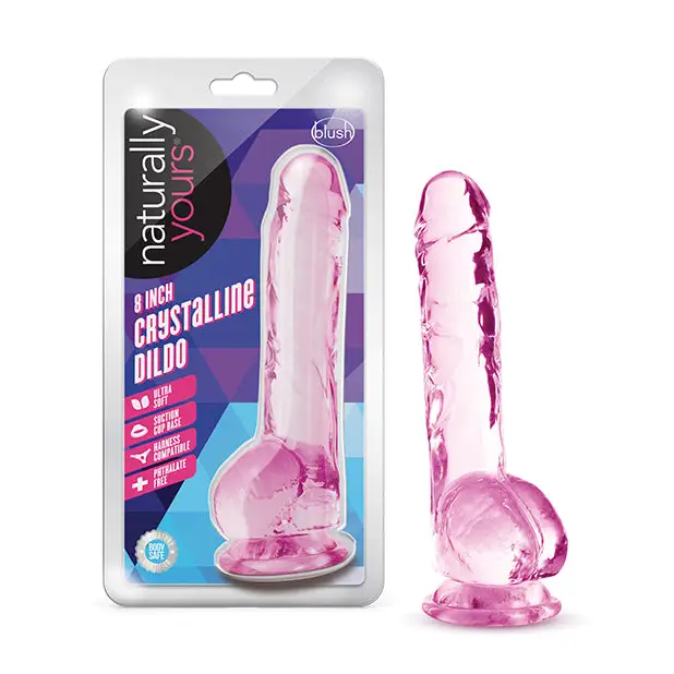 Blush Naturally Yours Crystalline 8 in. Dildo with Balls & Suction Cup Rose - Rose - Realistic Dildo