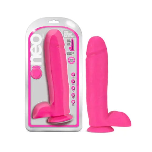 Blush Neo 11 in. Dual Density Dildo with Balls & Suction Cup Neon Pink - Realistic Dildo