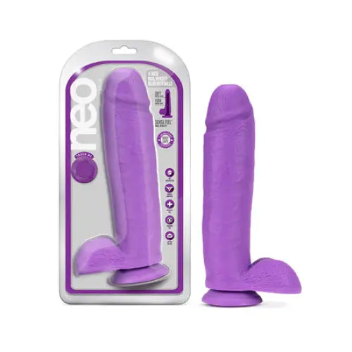 Blush Neo 11 in. Dual Density Dildo with Balls & Suction Cup Neon Purple - Realistic Dildo