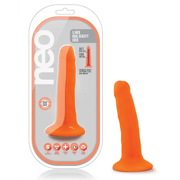 Blush Neo 6 in. Dual Density Dildo with Balls & Suction Cup Neon Green - Orange - Realistic Dildo