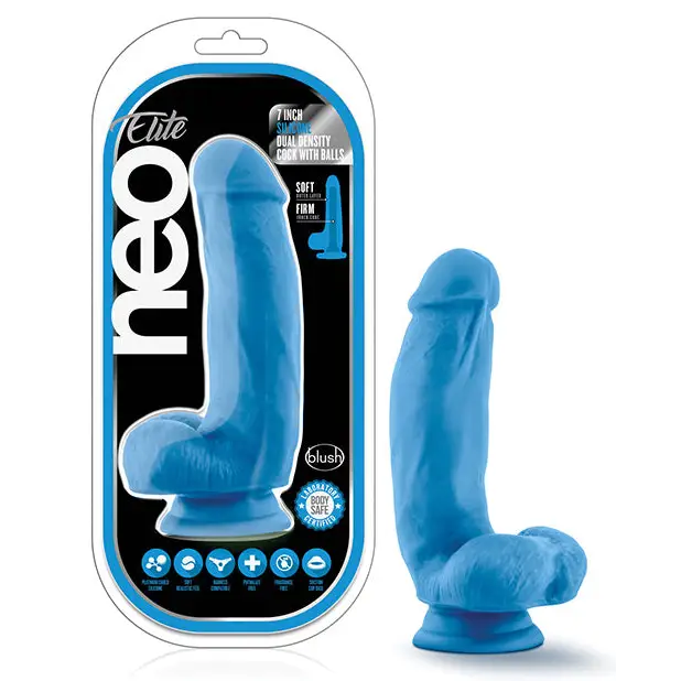 Blush Neo Elite 7.5 in. Silicone Dual Density Dildo with Balls & Suction Cup Neon Orange - Neon Blue - Realistic Dildo