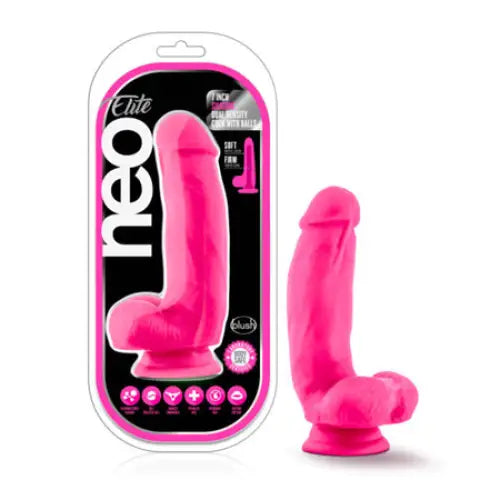 Blush Neo Elite 7 in. Silicone Dual Density Dildo with Balls & Suction Cup Neon Pink - Realistic Dildo