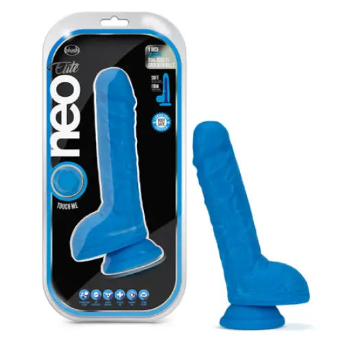 Blush Neo Elite 9 in. Silicone Dual Density Dildo with Balls & Suction Cup Neon Blue - Realistic Dildo