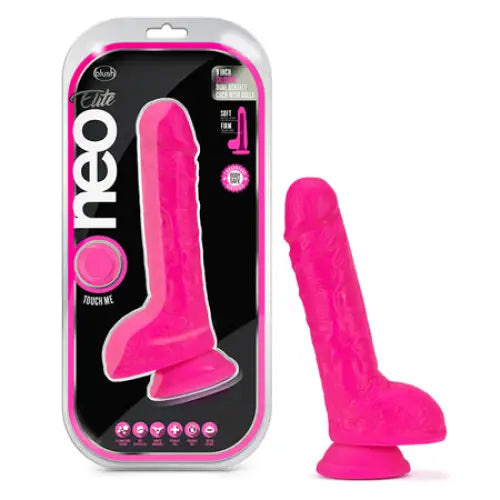 Blush Neo Elite 9 in. Silicone Dual Density Dildo with Balls & Suction Cup Neon Pink - Realistic Dildo