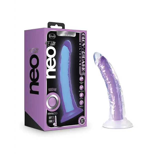 Blush Neo Elite Glow in the Dark Light 7 in. Silicone Dual Density Dildo with Suction Cup Neon Purple - Realistic Dildo