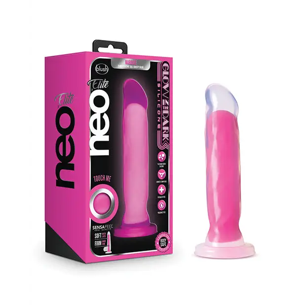 Blush Neo Elite Glow in the Dark Marquee 8 in. Silicone Dual Density Dildo with Suction Cup Neon Pink - Realistic Dildo