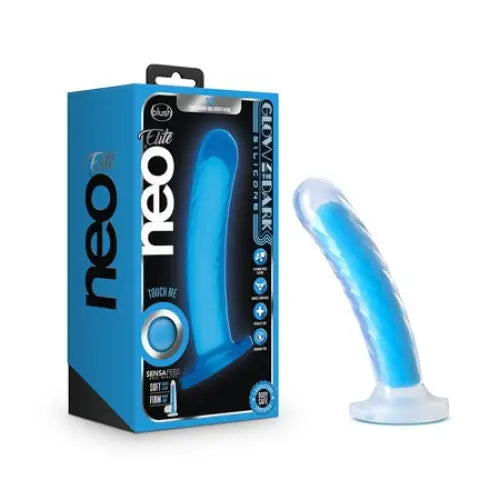 Blush Neo Elite Glow in the Dark Tao 7 in. Dual Density Dildo with Suction Cup Neon Blue - Realistic Dildo