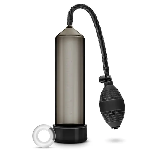 Filtered water bottle alongside Blush Performance VX101 Pump, rubber ball pump for hard cock ring use