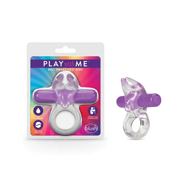 Blush Play with Me Bull Vibrating C-Ring, purple toy and handle, vibrant and sleek design