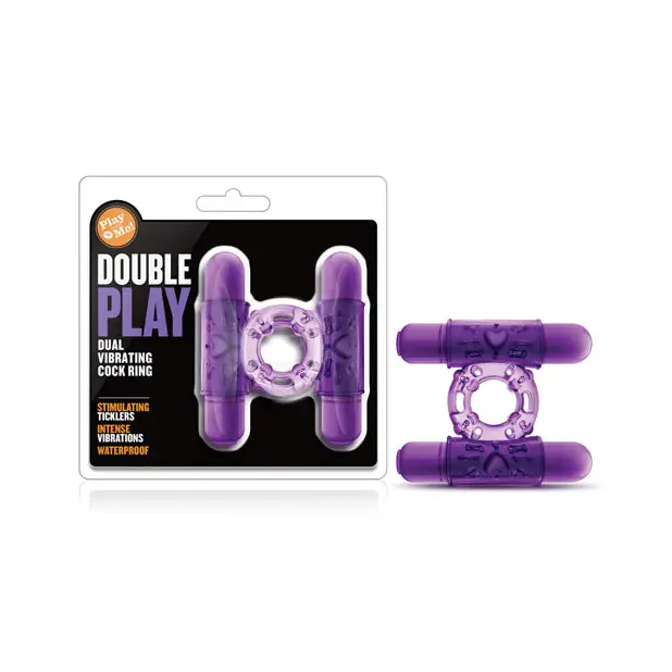 Blush Play with Me Double Play Dual Vibrating Cock Ring, featuring purple ticklers, packaged