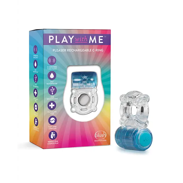 Blush Play with Me Pleaser Rechargeable Vibrating C-Ring Purple - Blue - Cock Ring