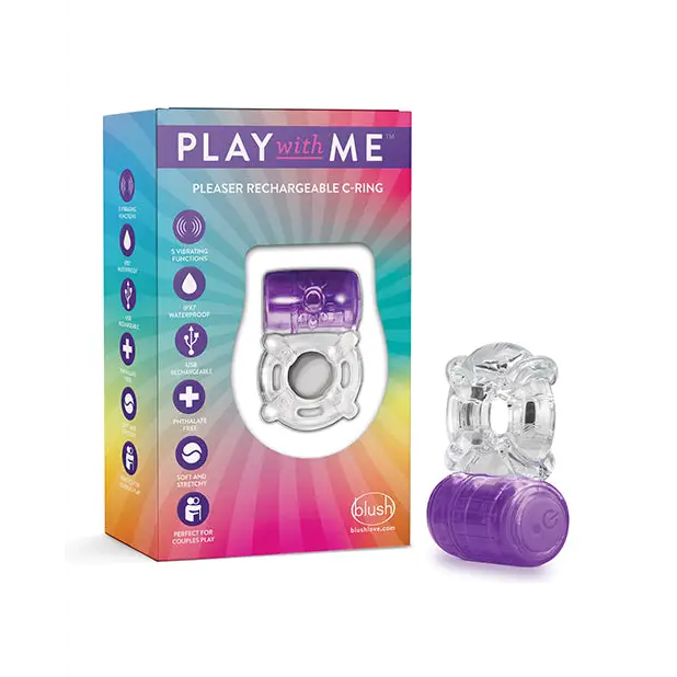 Blush Play with Me Pleaser Rechargeable Vibrating C-Ring Purple - Purple - Cock Ring