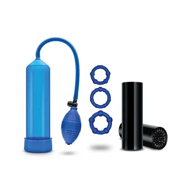 Blush Quickie Kit Go Big Pump Stroker & 3-Piece Cockring Set Blue - Pumps