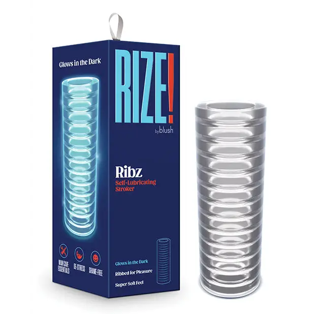 Blush RIZE! Ribz Glow in the Dark Self-Lubricating Stroker Clear with ribbed cylindrical design