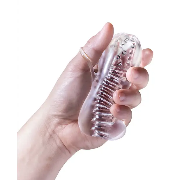 Hand holding Blush RIZE! Squeezy Ergonomic Stroker Clear with textured chambers and ridges