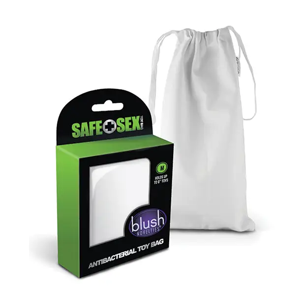 White Blush Safe Sex Antibacterial Toy Bag containing a medium-sized white bag inside