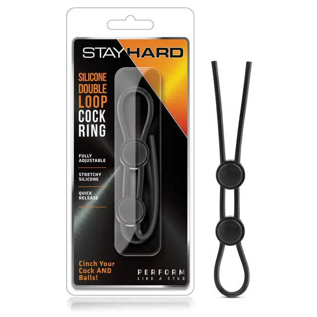 Blush Stay Hard Silicone Double Loop Lasso/Bolo Cockring Black - Cock Ring