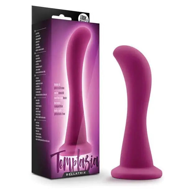 Curved purple silicone Blush Temptasia Bellatrix Dildo with its sleek product packaging