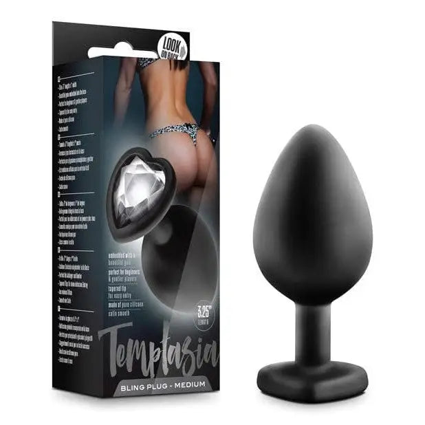 Blush Temptasia Bling Plug Medium - Black silicone anal plug with heart-shaped jewel base