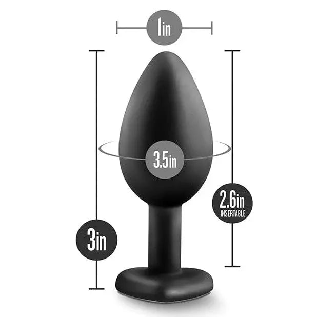 Blush Temptasia Bling Plug: Black silicone butt plug with measurements and gem