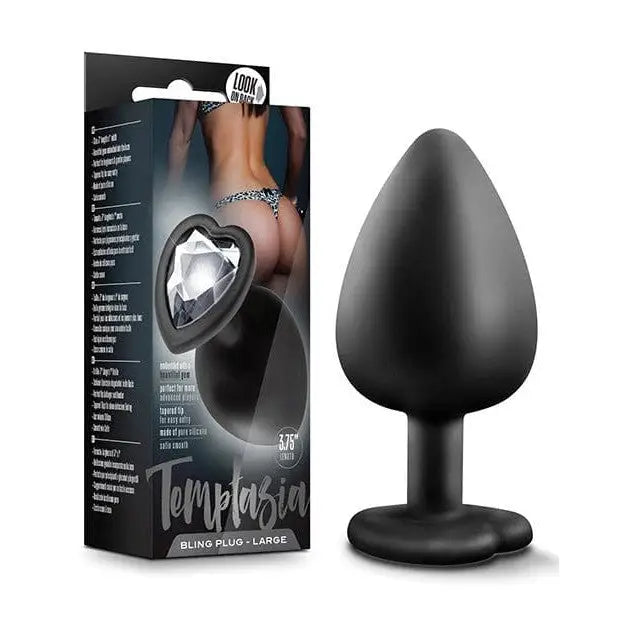 Blush Temptasia Bling Plug: Black silicone anal plug with a sparkling heart-shaped jewel base