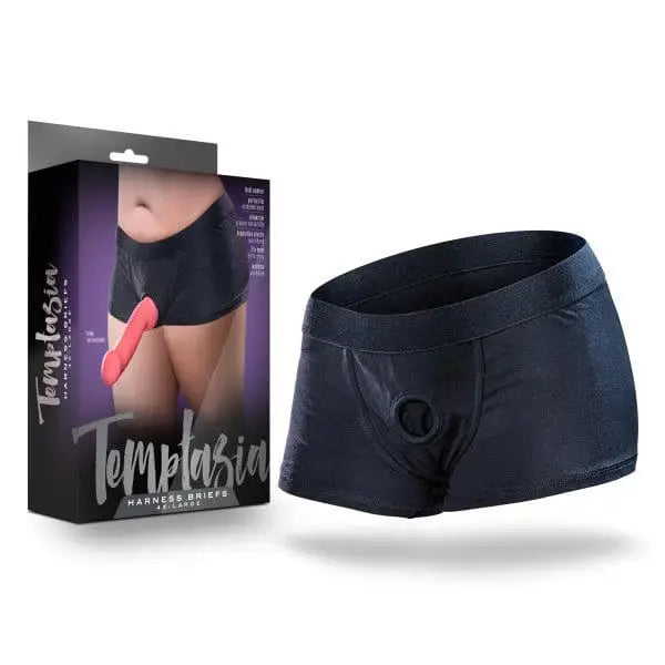 Blush Temptasia Harness Briefs: Black boxer briefs with intimate access opening