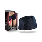 Blush Temptasia Harness Briefs - Black underwear shorts with hole, shown with packaging