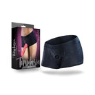 Blush Temptasia Harness Briefs: Black underwear with front hole, shown with packaging