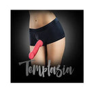 Red vibrator emerges from Temptasia Harness Briefs, offering discreet pleasure