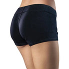 Blush Temptasia Harness Briefs: Black spandex workout shorts on person’s lower body