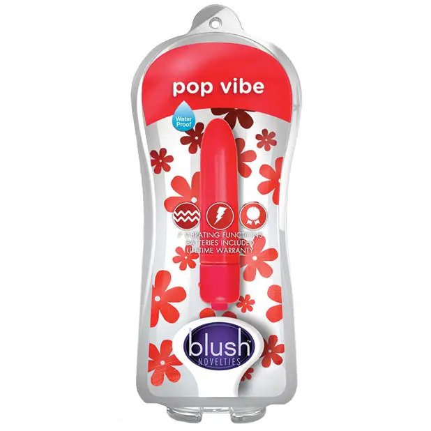 Bright red Blush Vive Pop Vibe Bullet Vibrator with floral packaging, uses AAA battery