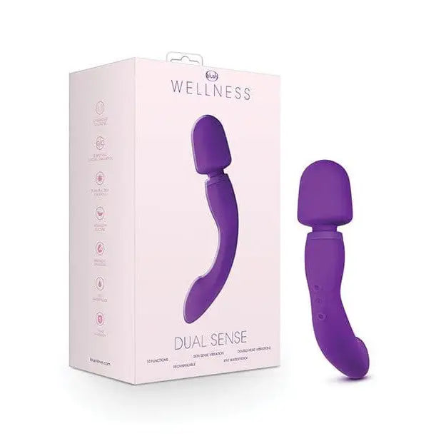 Blush Wellness Dual Sense double-ended purple vibrator with curved shape, featuring packaging