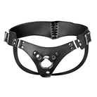 Bodice corset style black leather harness-style underwear with metal rings and buckles