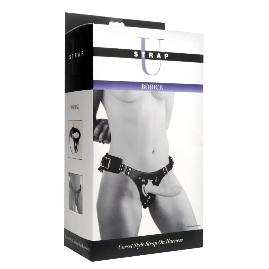 Bodice Corset Style Strap-On Harness - Packaged product with corset style design on box