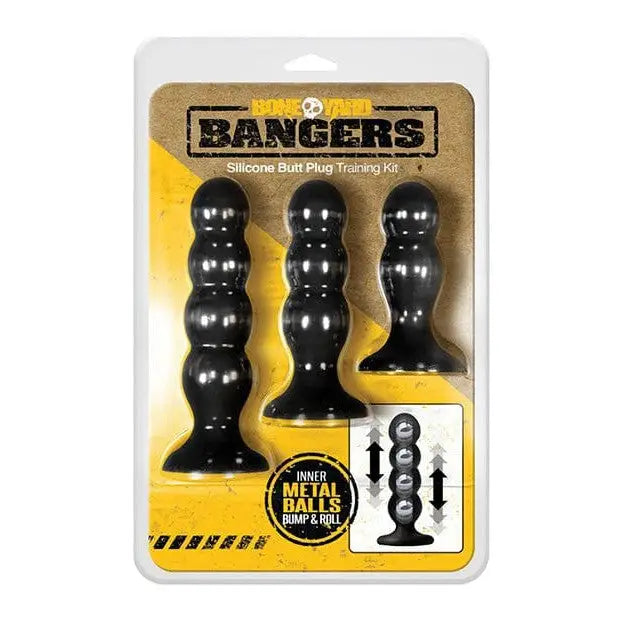 Boneyard Bangers Silicone Butt Plug Training Kit with three black graduated sizes