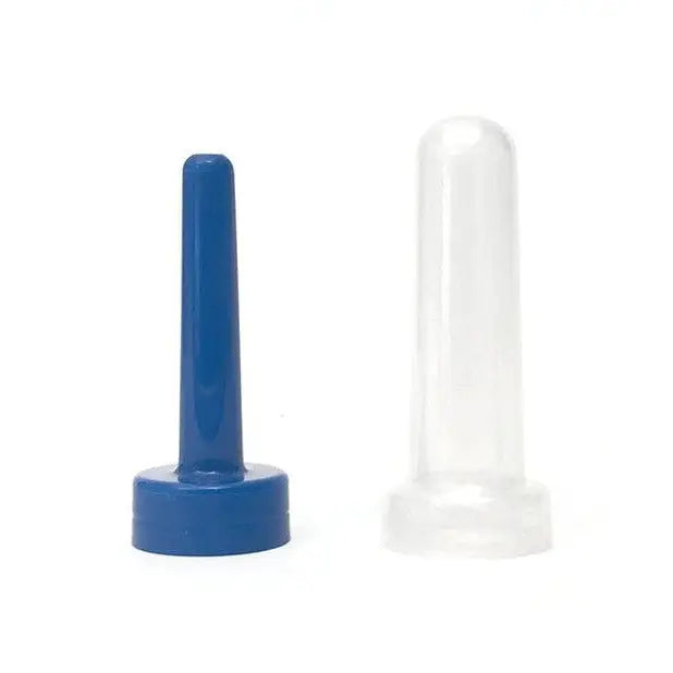 Blue and white plastic bottle with Boneyard Skwert 1 Piece Water Bottle Enema Adapter