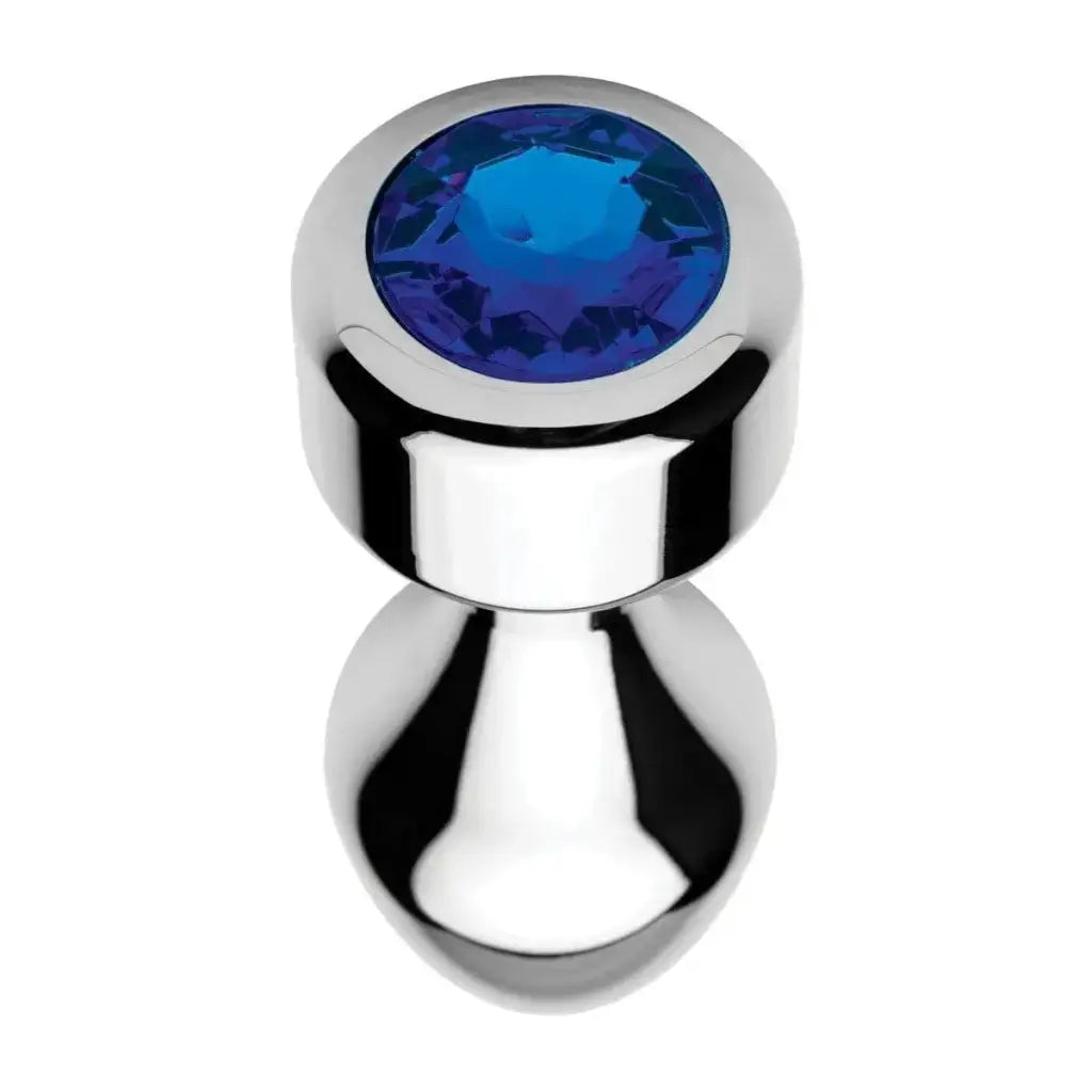 Booty Sparks Blue Gem Weighted Anal Plug with a shiny metallic finish and blue gemstone