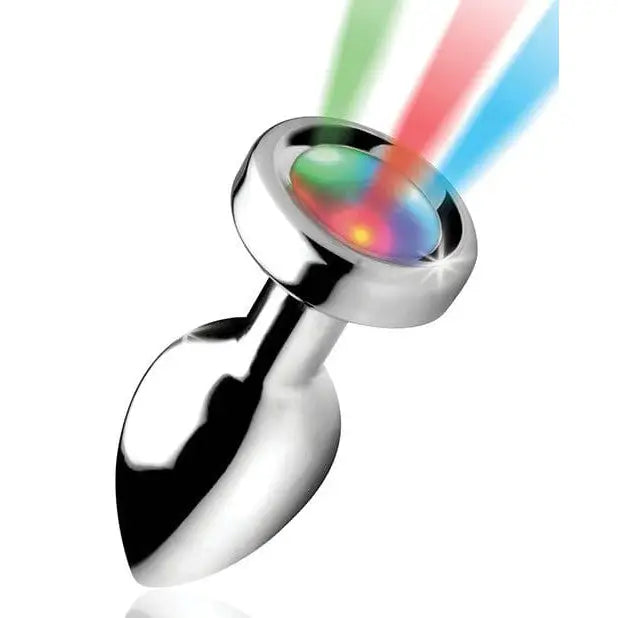 Bootysparks Light Up Anal Plug with rainbow light emanating from a sleek metal body