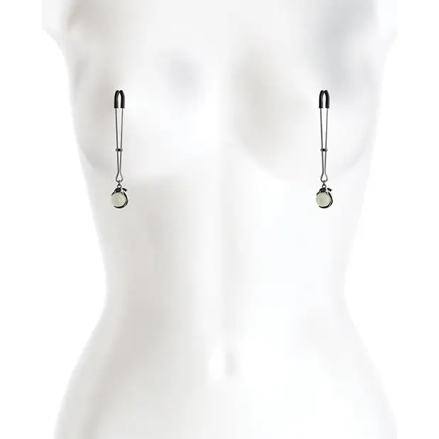 Close-up of a mannequin torso displaying Bound Nipple Clamps C3 Gunmetal earrings