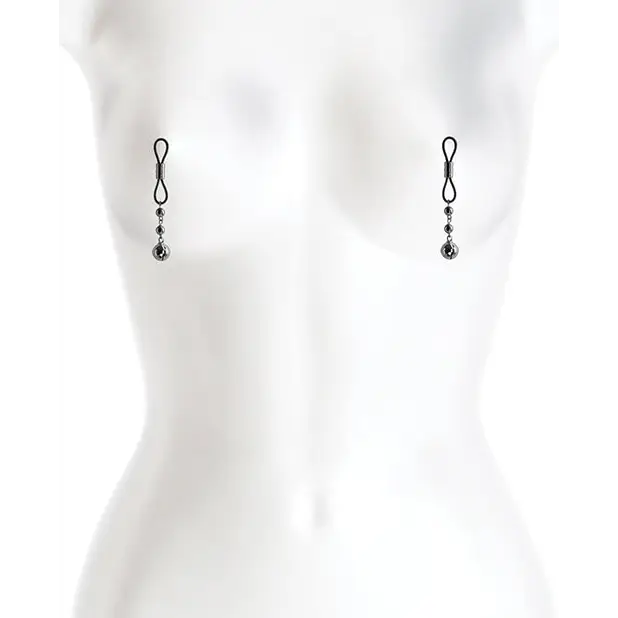 Close-up of mannequin torso with Bound Nipple Clamps C3 Gunmetal earrings displayed