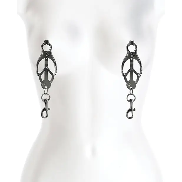 Close-up of a mannequin torso showcasing Bound Nipple Clamps C3 Gunmetal earrings