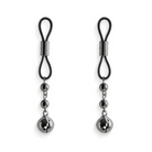 A pair of Bound Nipple Clamps C3 Gunmetal black and silver earrings on display