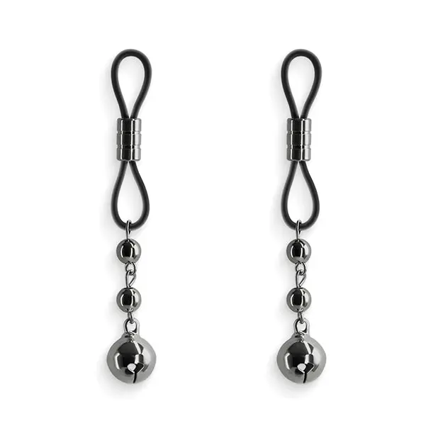 A pair of Bound Nipple Clamps C3 Gunmetal black and silver earrings on display