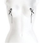 Close-up of Bound Nipple Clamps C3 Gunmetal on mannequin torso with scissors attached