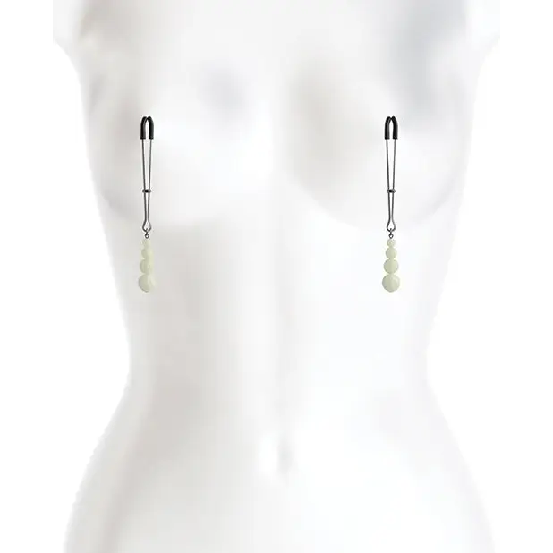 Close-up of mannequin torso with Bound Nipple Clamps C3 Gunmetal earrings displayed